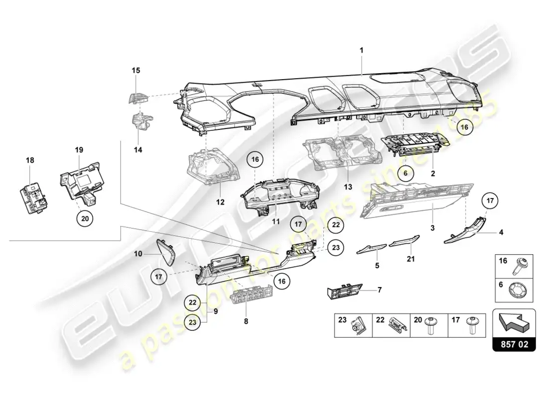 lamborghini performante spyder (2020) adorno del panel de instrumentos diagrama de piezas