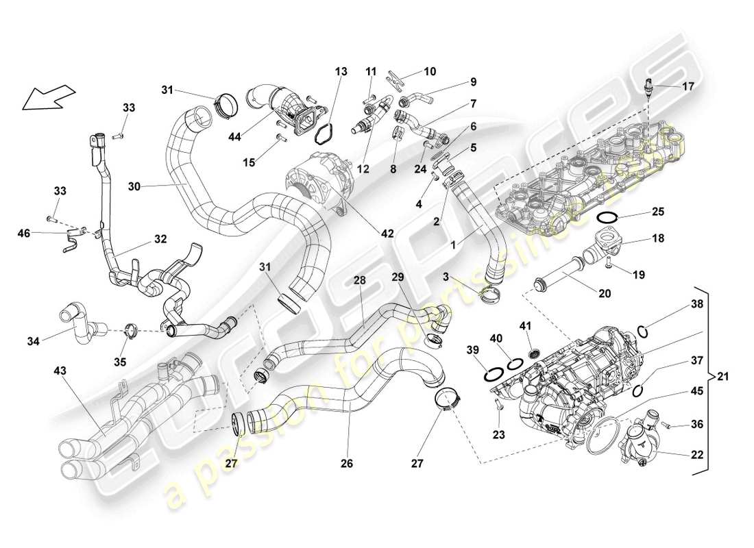 lamborghini blancpain sts (2013) carcasa del regulador de refrigerante con termostato diagrama de piezas