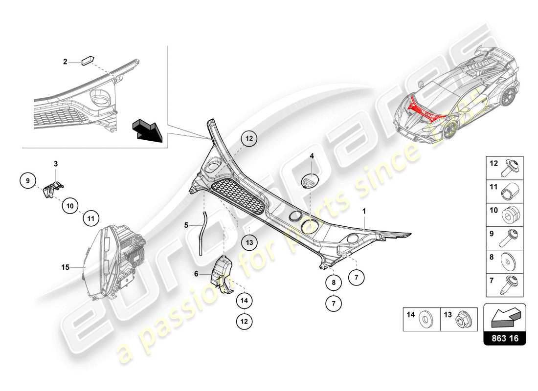 lamborghini sto (2022) diagrama de piezas de la cubierta delantera