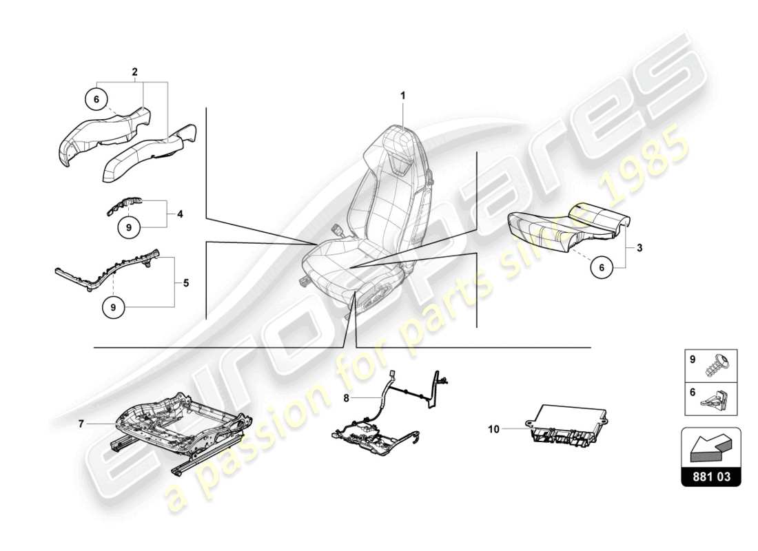 lamborghini evo spyder (2021) caja de asiento diagrama de piezas