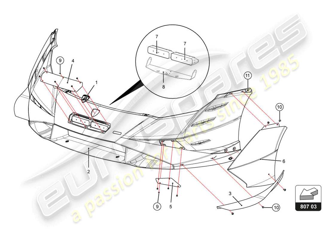 lamborghini super trofeo evo 2 (2022) diagrama de piezas del parachoques delantero