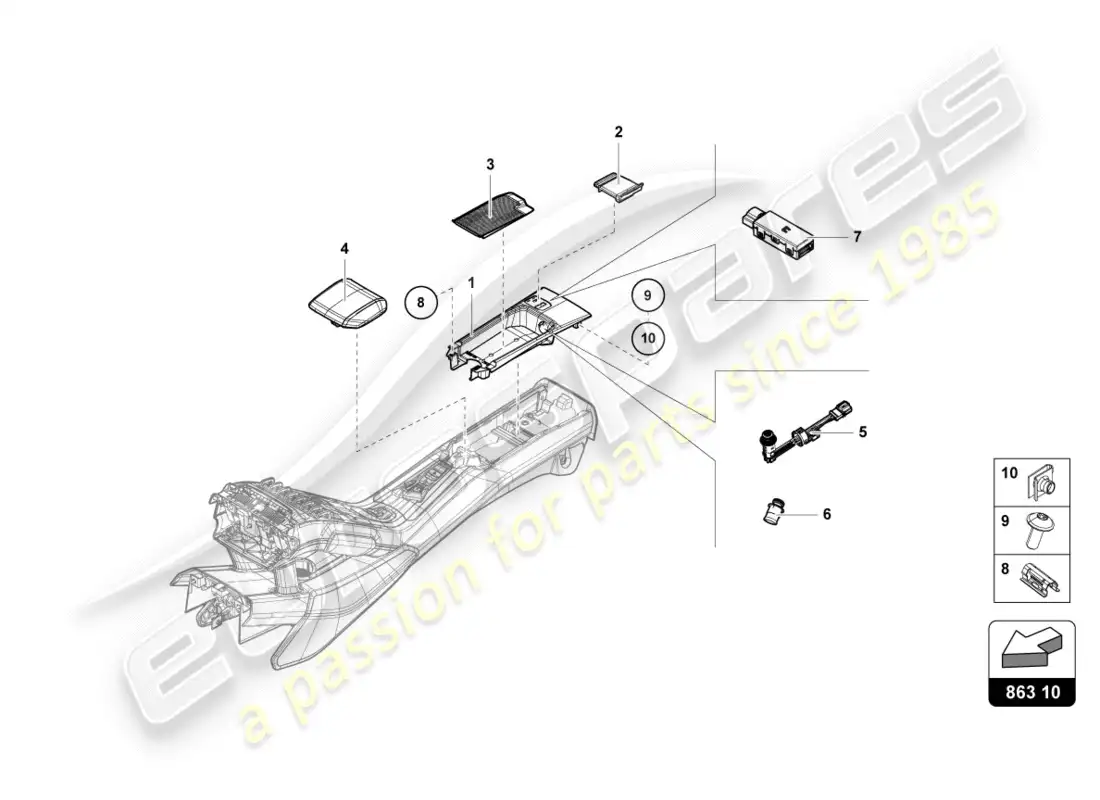 lamborghini performante coupe (2020) compartimento de almacenaje diagrama de piezas