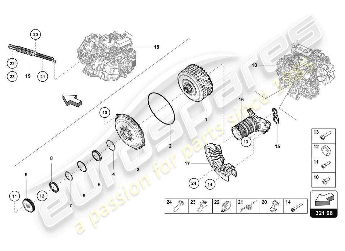 lamborghini evo coupe (2023) embrague multiplato para caja de cambios de doble embrague diagrama de piezas