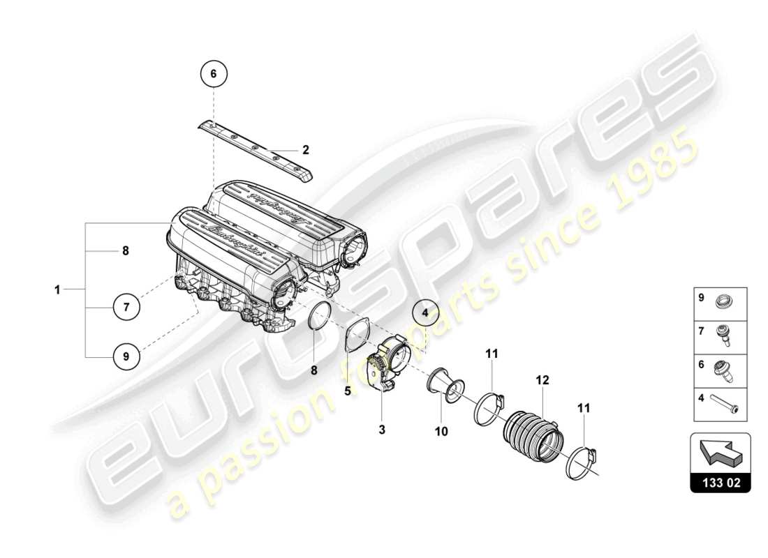lamborghini super trofeo evo 2 (2022) diagrama de piezas del sistema de admisión de aire