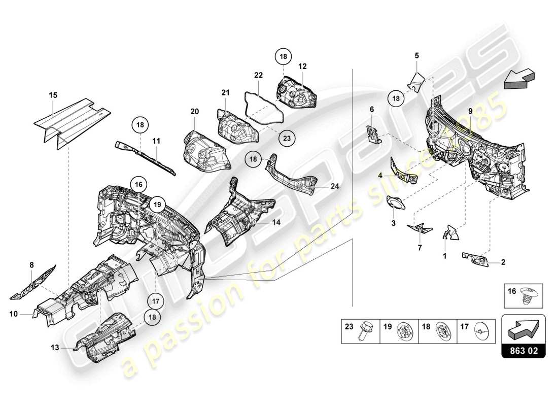 lamborghini urus (2019) absorbedor de suelo, mamparas y túnel diagrama de piezas