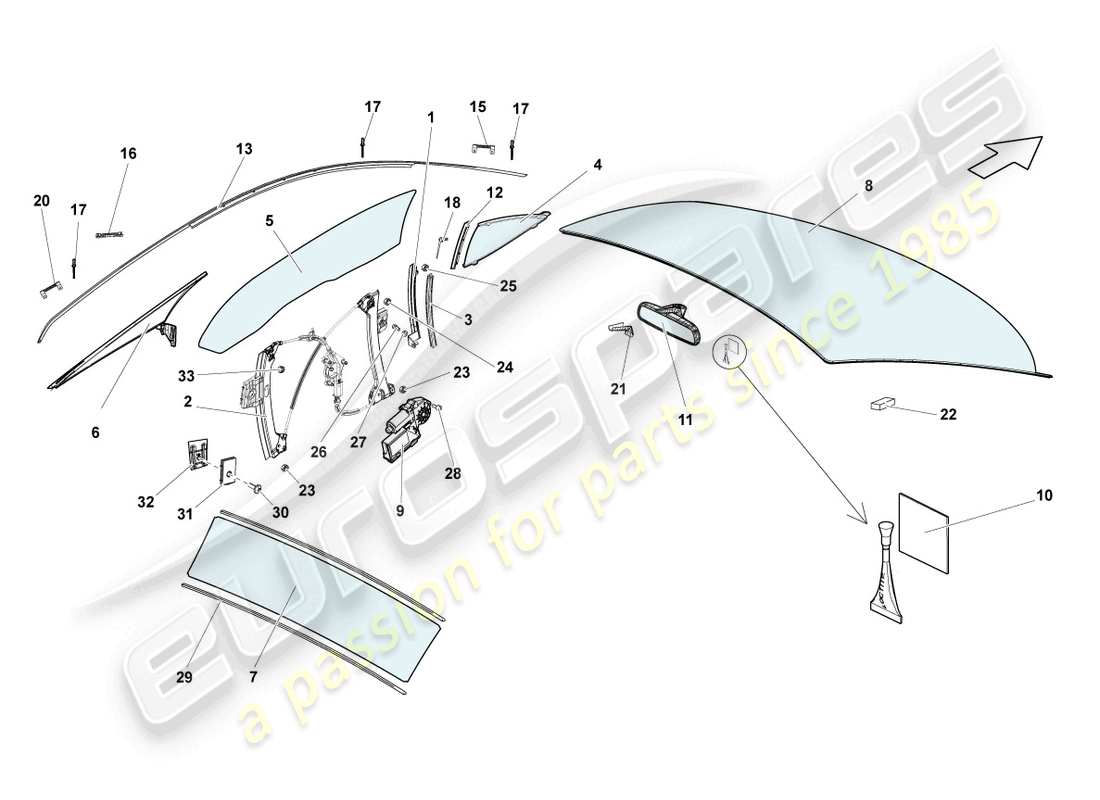 lamborghini blancpain sts (2013) diagrama de piezas de vidrios para ventanas