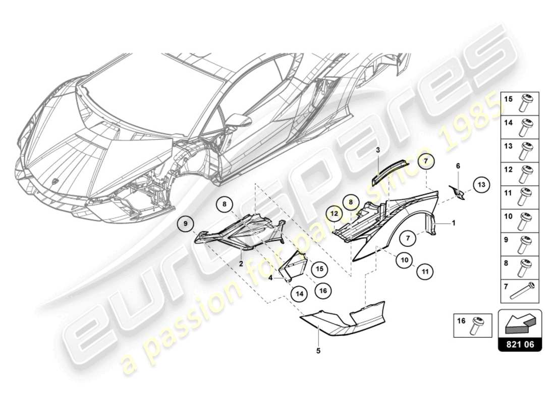lamborghini sian roadster (2021) diagrama de pieza del ala delantera
