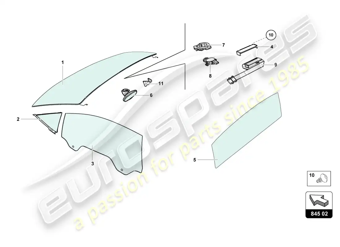 lamborghini performante spyder (2020) vidrios de ventanas diagrama de piezas