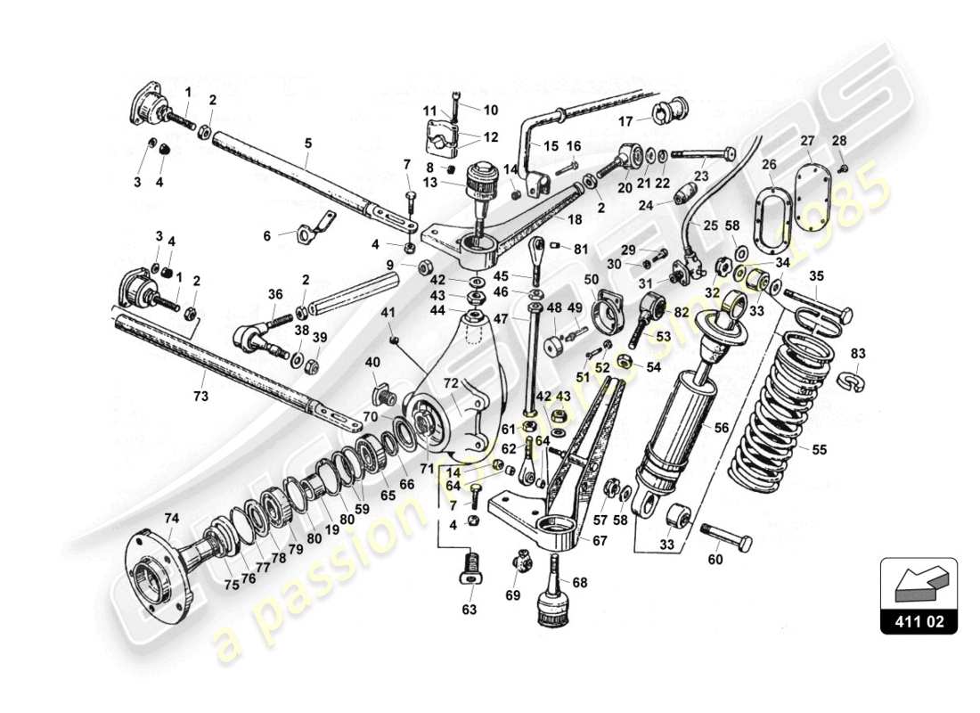 lamborghini countach 25th anniversary (1989) diagrama de piezas de la suspensión delantera