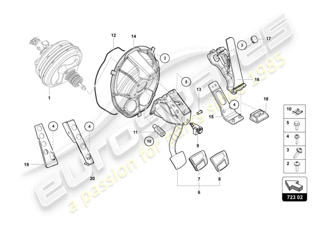 lamborghini 2022 (lp770-4 svj coupe) freno y aceleración. palanca mecanica. diagrama de piezas