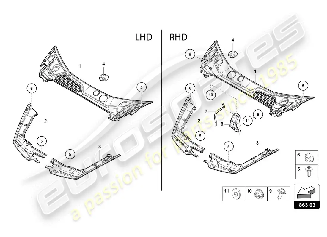 lamborghini lp610-4 coupe (2016) cubierta del extremo delantero diagrama de piezas