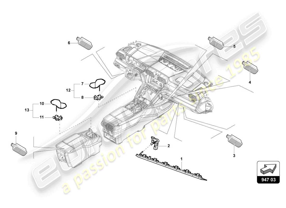 lamborghini urus (2019) iluminación para consola central diagrama de piezas