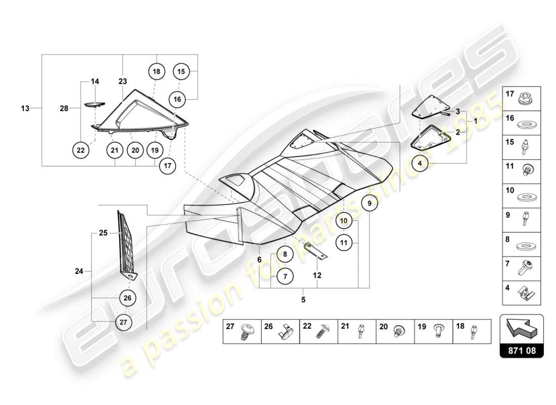 lamborghini 2021 (evo spyder) conv. diagrama de pieza superior, cubierta de bisagra