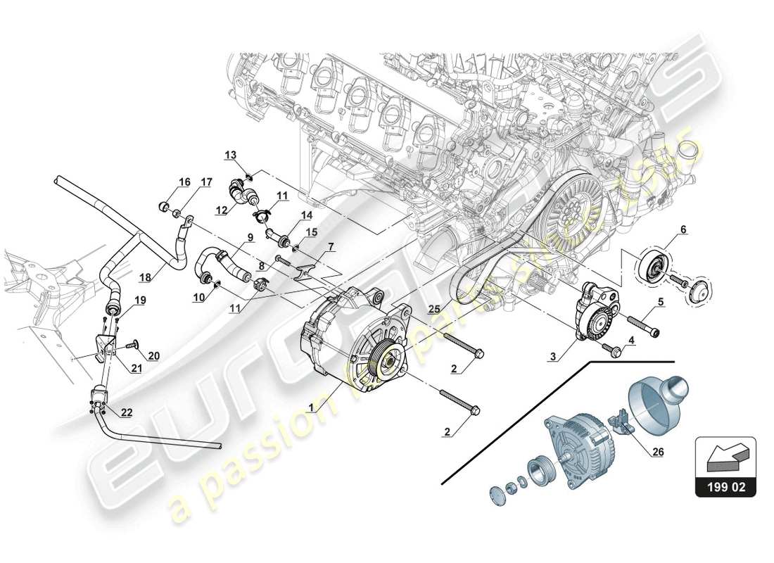 lamborghini gt3 evo (2018) diagrama de piezas del alternador