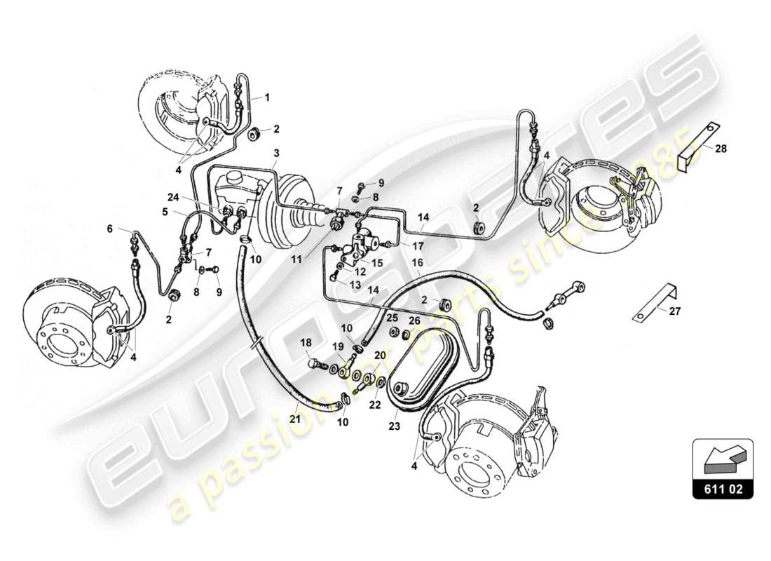 lamborghini countach 25th anniversary (1989) diagrama de piezas del sistema de frenos