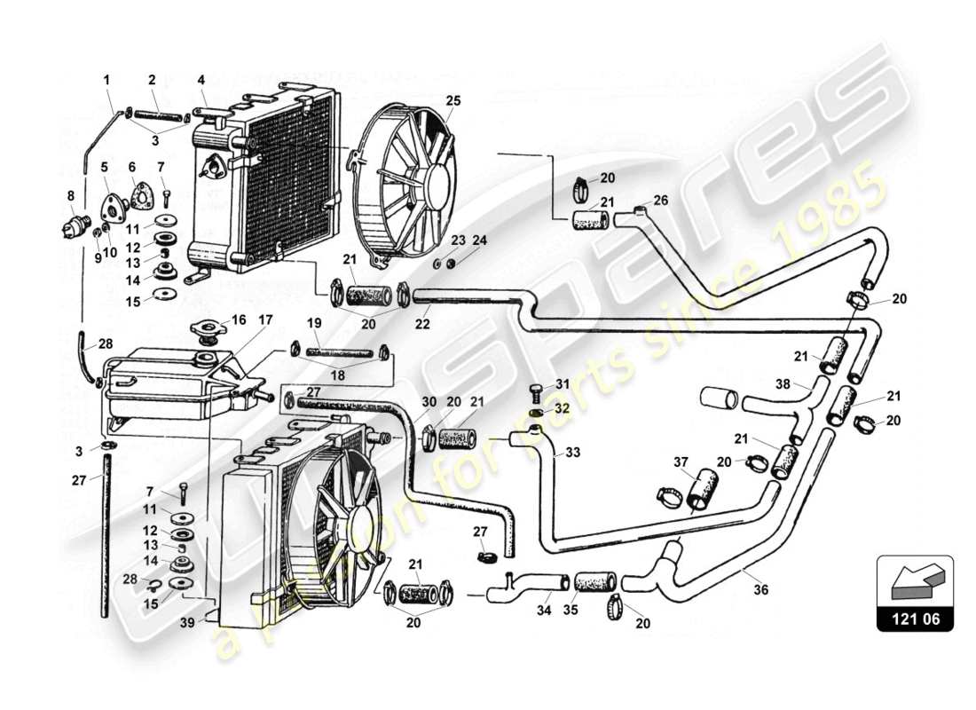 lamborghini countach 25th anniversary (1989) diagrama de piezas del sistema de refrigeración