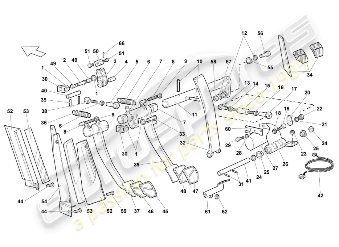lamborghini murcielago roadster (2005) freno y aceleración. palanca mecanica. diagrama de piezas