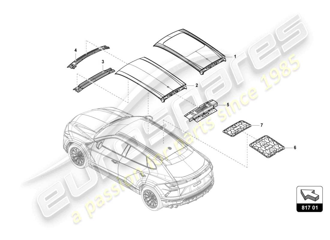 lamborghini urus performante (2024) diagrama de piezas del marco del techo-panel exterior