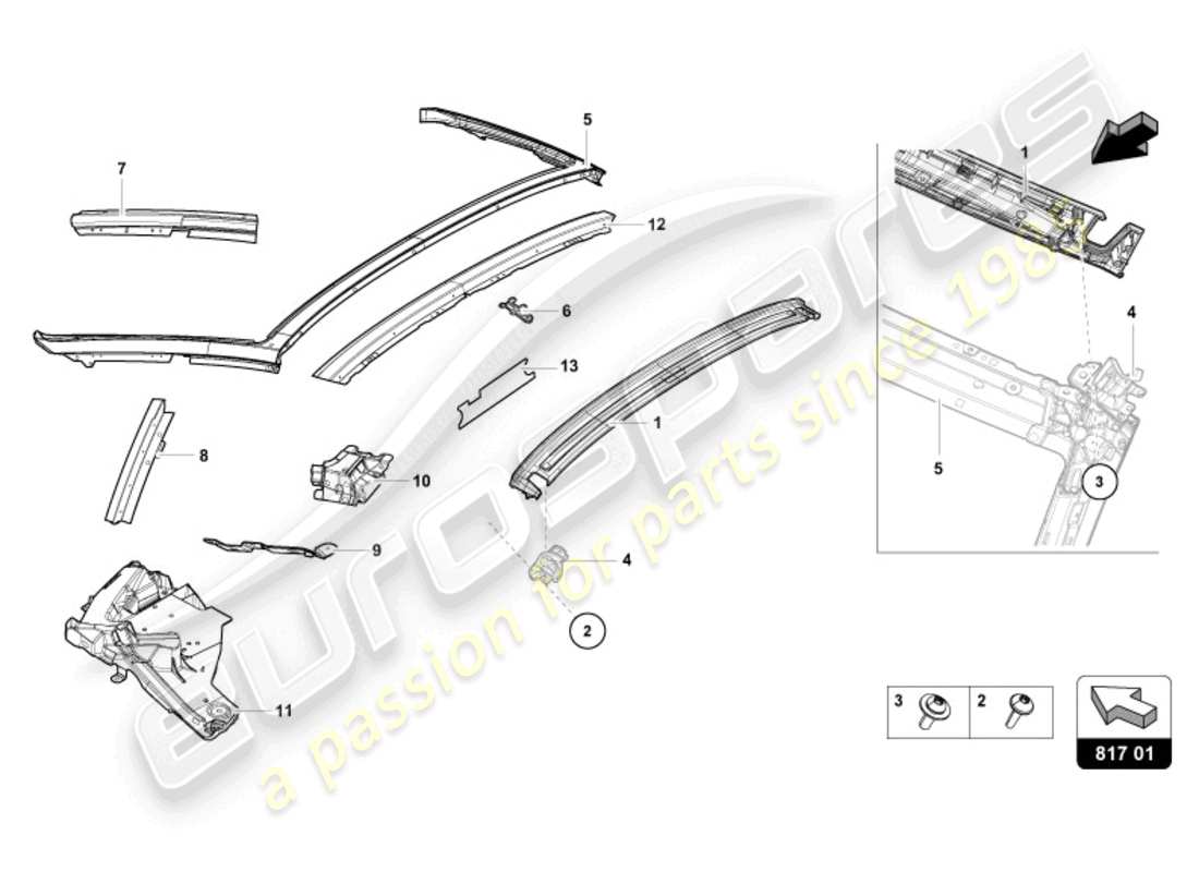 lamborghini evo spyder (2024) diagrama de piezas de la ventana con bisagras