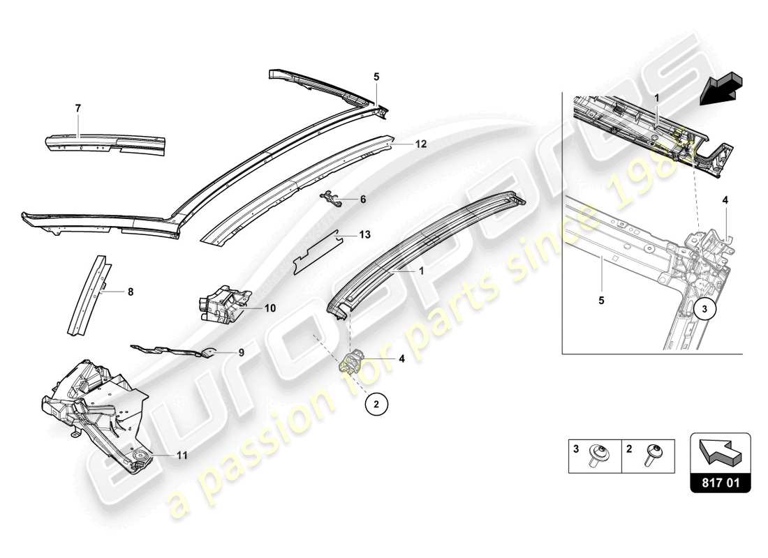 lamborghini 2022 (evo spyder) diagrama de piezas de la ventana con bisagras