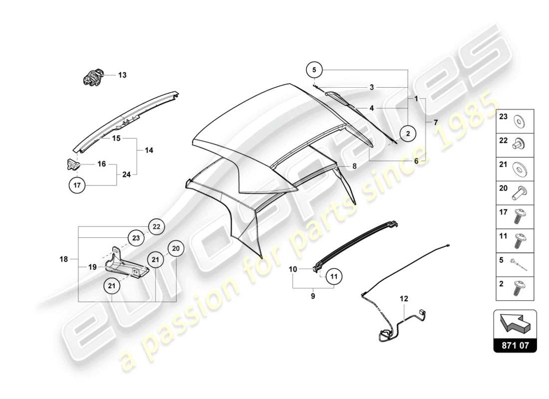 lamborghini 2023 (evo spyder) cubierta - diagrama de piezas superior