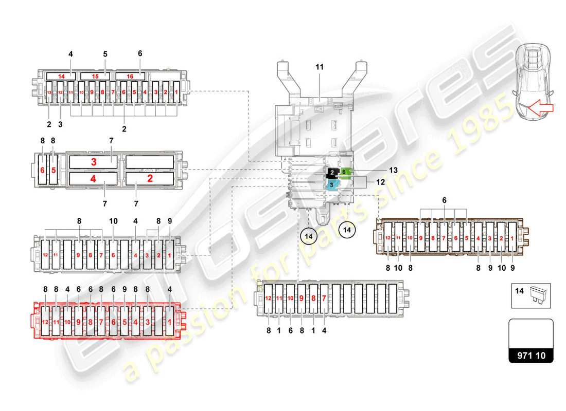 lamborghini evo coupe (2023) fusibles lado del pasajero diagrama de partes