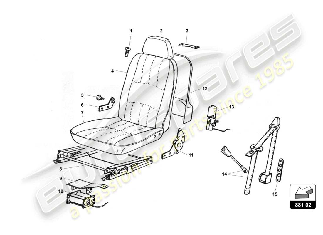 lamborghini countach 25th anniversary (1989) diagrama de piezas de asientos y cinturones de seguridad