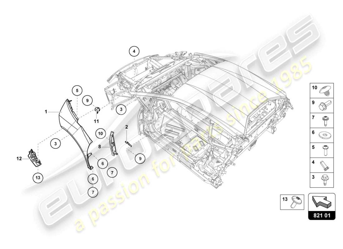 lamborghini evo spyder (2022) protector de ala delantero diagrama de piezas