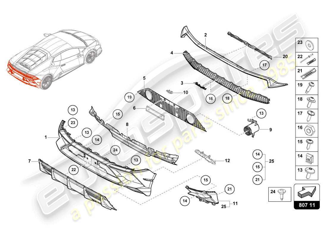 lamborghini evo coupe (2023) diagrama de pieza del parachoques trasero