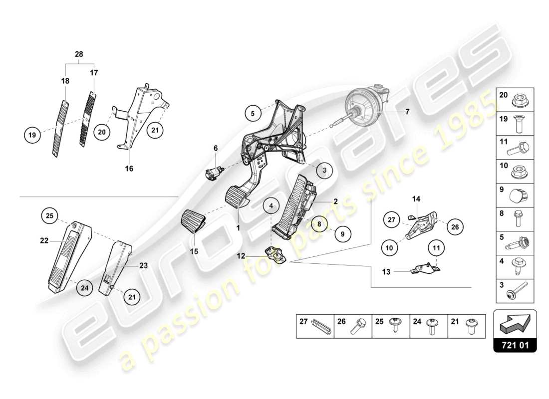 lamborghini 2023 (evo spyder) freno y aceleración. palanca mecanica. diagrama de piezas