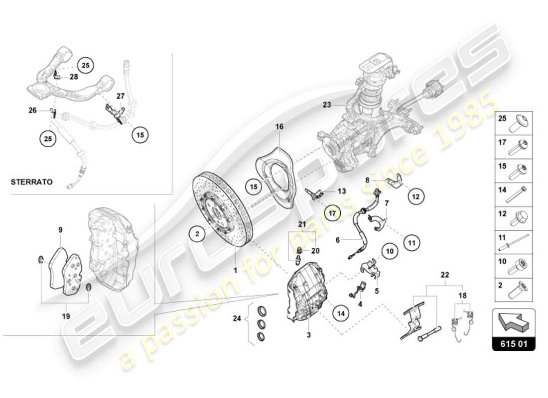 lamborghini tecnica (2023) diagrama de piezas del disco de freno cerámico delantero
