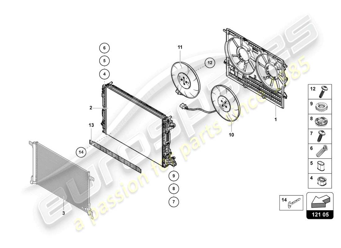 lamborghini urus performante (2024) diagrama de piezas del ventilador del radiador