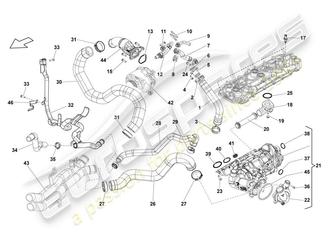lamborghini lp560-4 coupe fl ii (2014) carcasa del regulador de refrigerante con termostato diagrama de piezas
