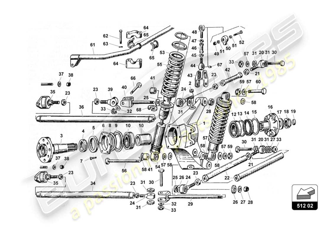 lamborghini countach 25th anniversary (1989) diagrama de piezas de la suspensión trasera