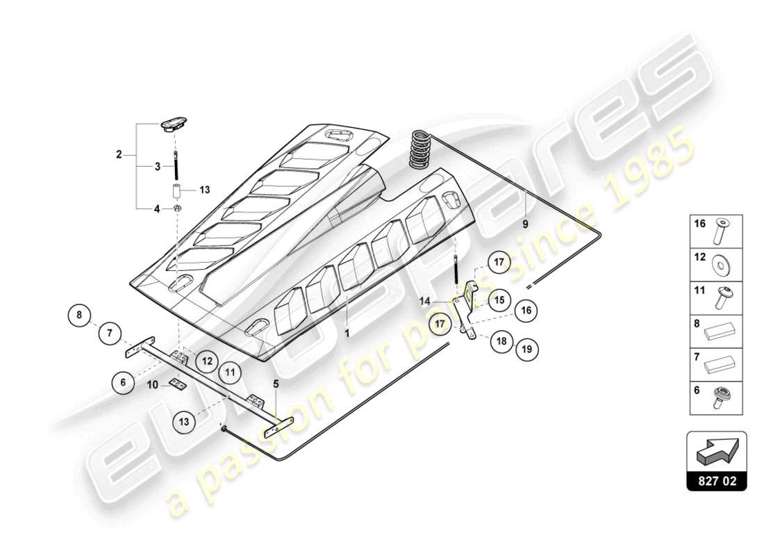 lamborghini super trofeo evo (2018) diagrama de piezas del capó trasero