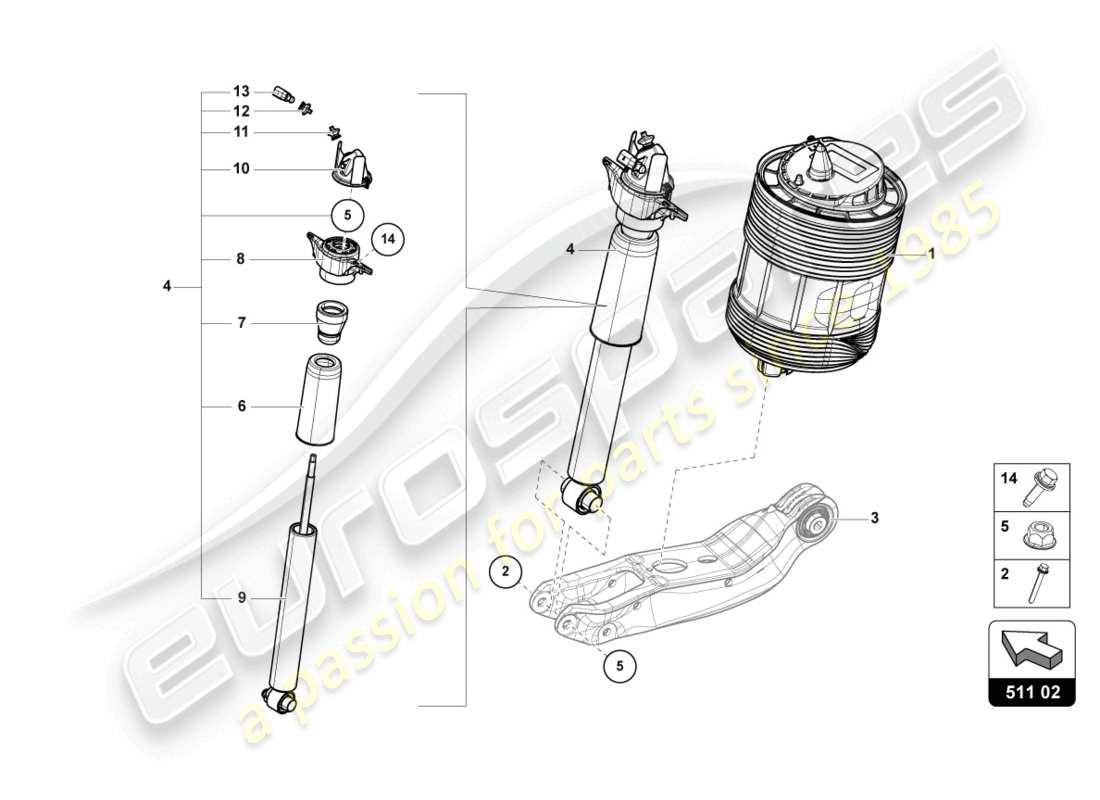 lamborghini urus s (2024) amortiguador trasero diagrama de piezas