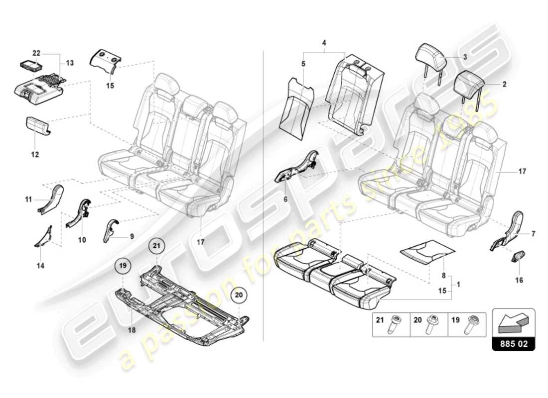 lamborghini urus (2019) diagrama de piezas del asiento de banco (3-seater)