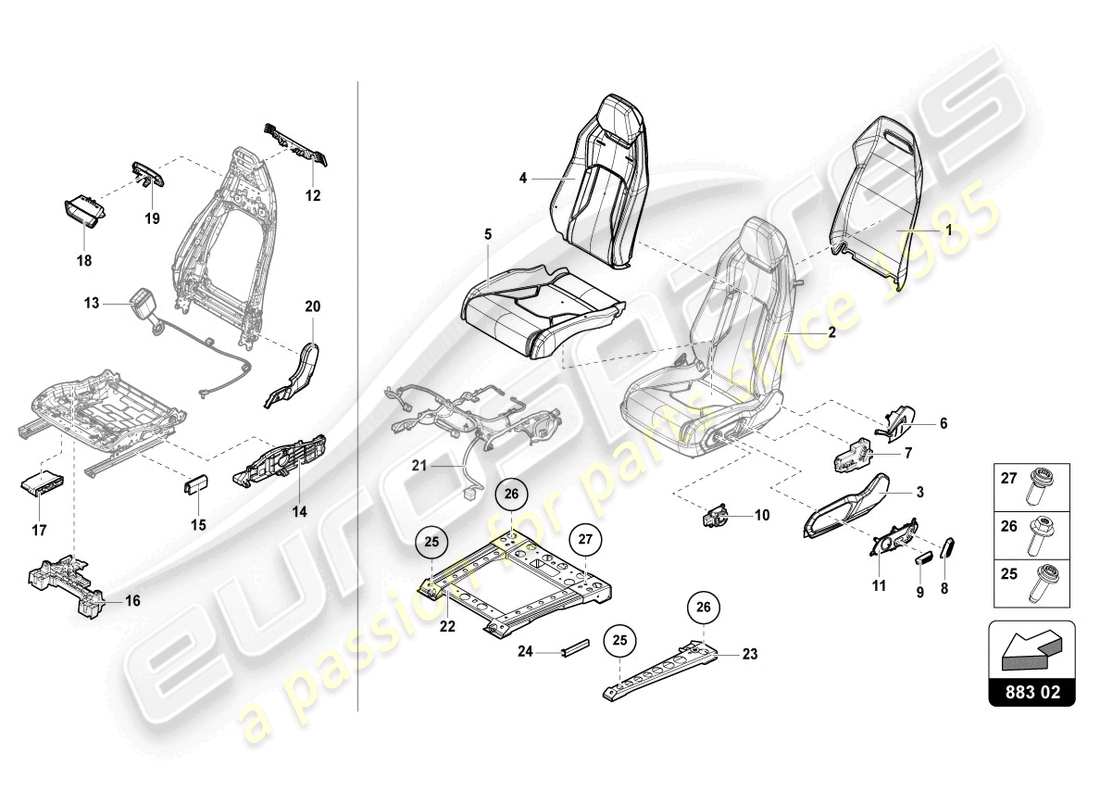 lamborghini urus s (2023) asiento trasero dividido diagrama de piezas