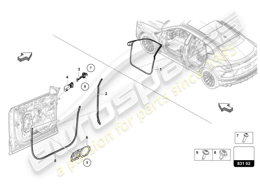lamborghini urus s (2023) diagrama de pieza del sello de puerta delantera