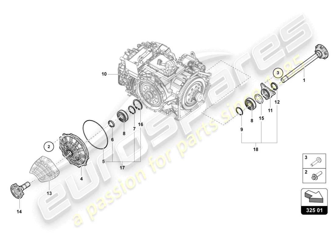 lamborghini evo coupe (2023) eje bridado con cojinete diagrama de piezas