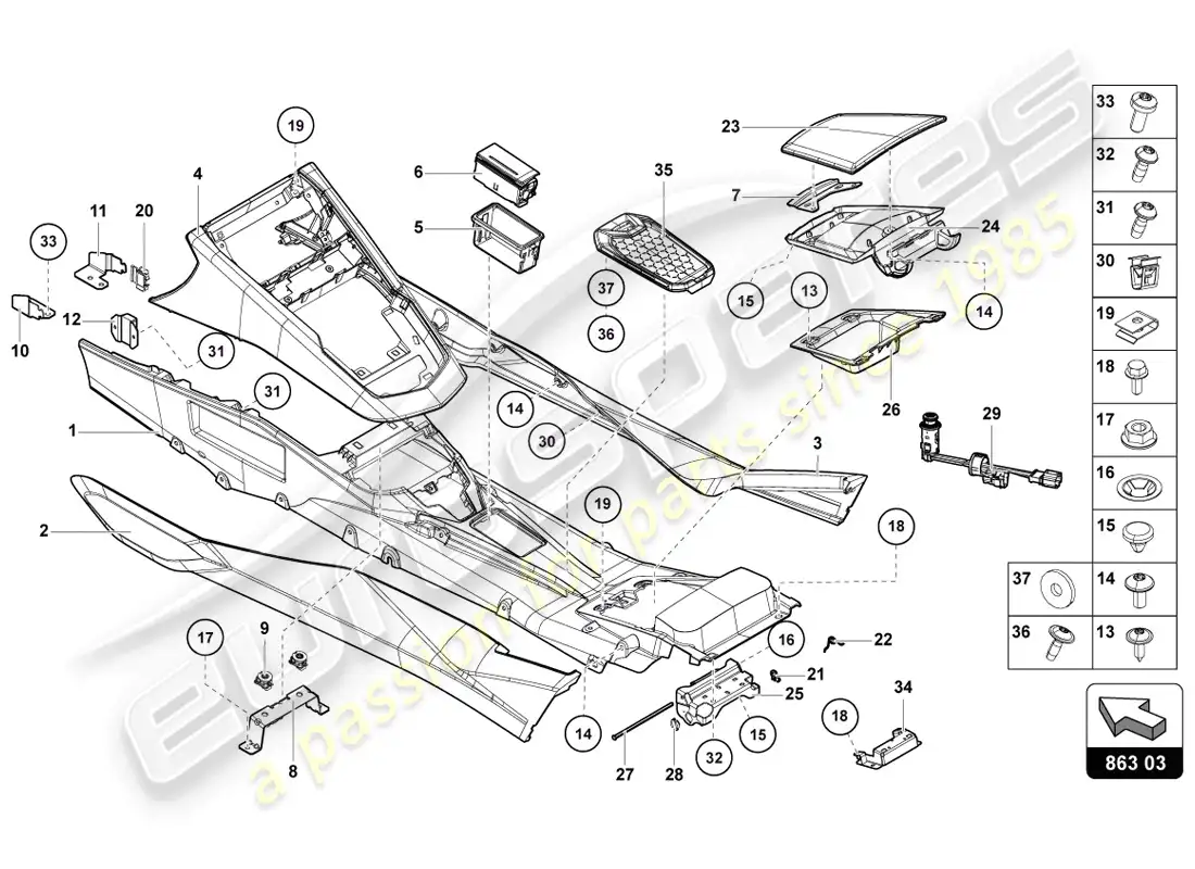 lamborghini lp720-4 coupe 50 (2014) diagrama de piezas del túnel