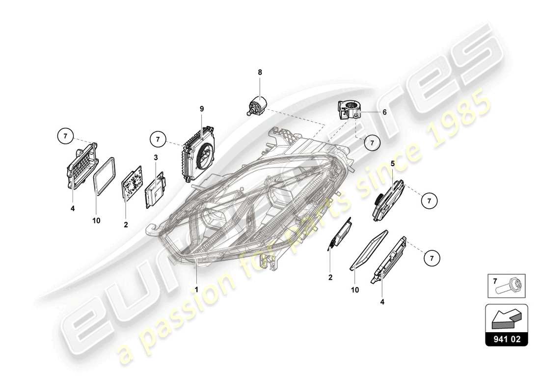 lamborghini evo coupe (2023) diagrama de piezas del sistema de iluminación delantero