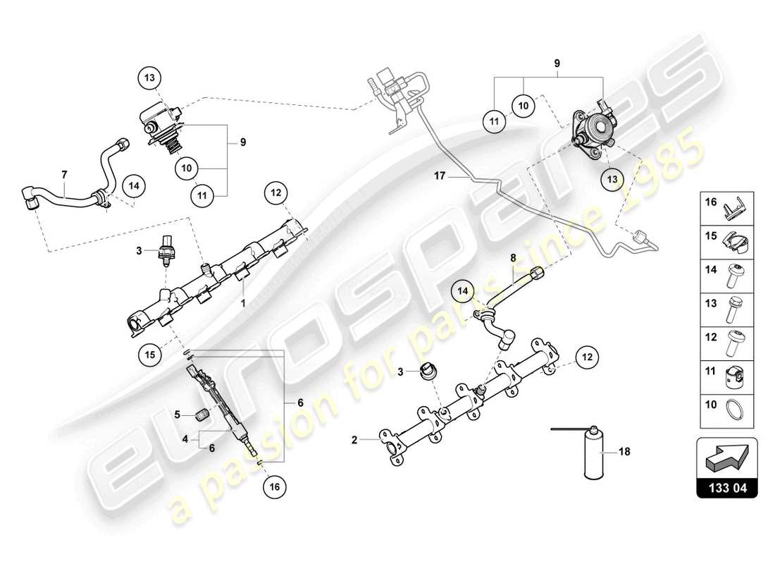 lamborghini urus s (2023) inyector de combustible con rieles de inyector diagrama de piezas