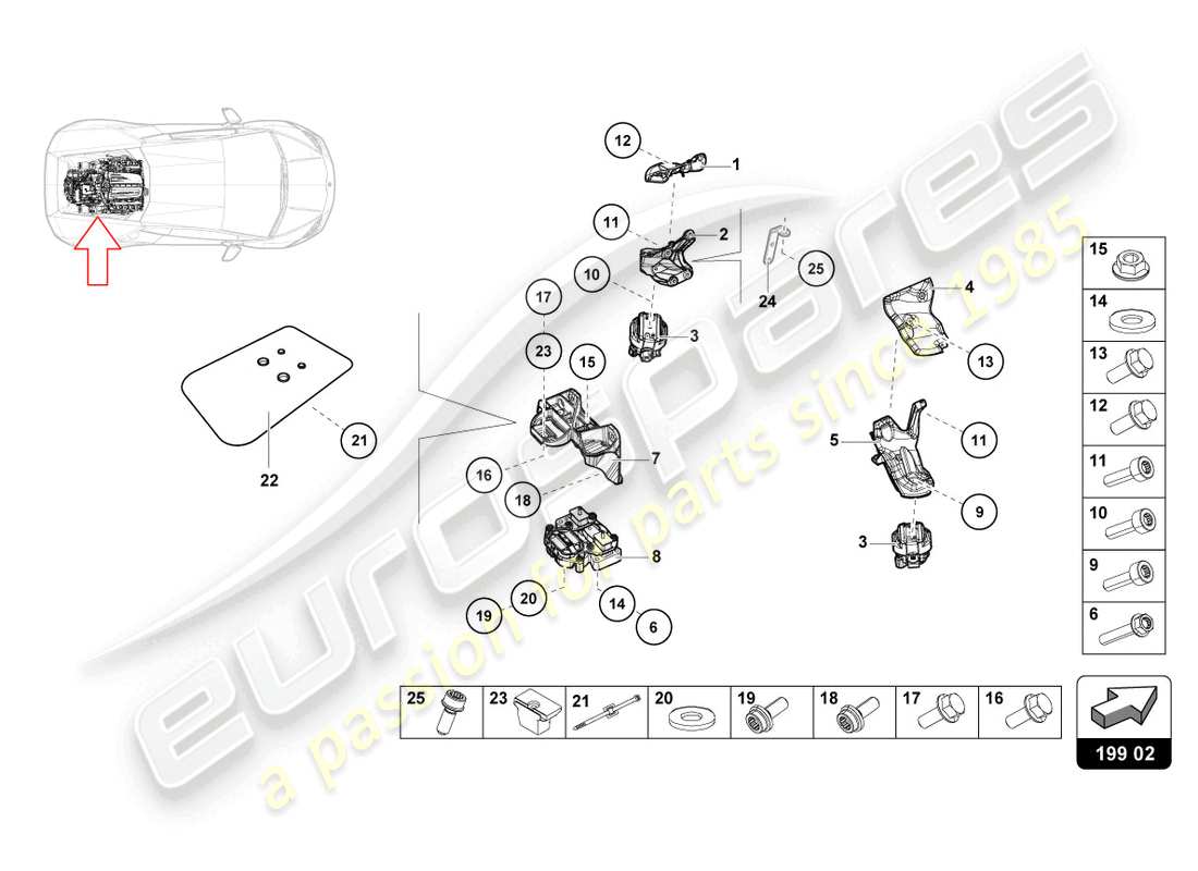 lamborghini evo coupe (2023) fijación de piezas para el motor diagrama de piezas