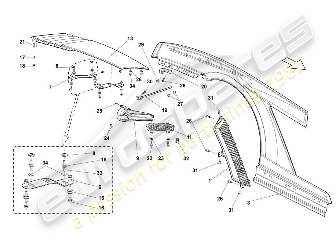 lamborghini gallardo spyder (2007) diagrama de pieza del ala trasera