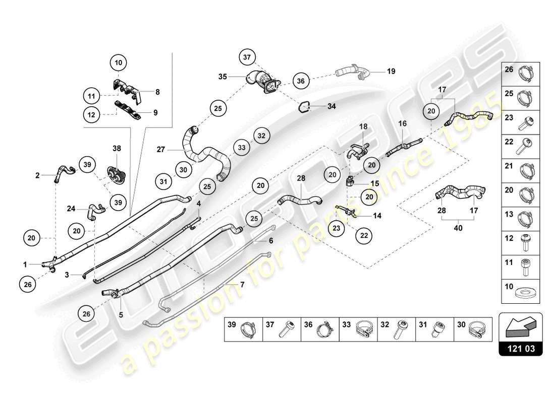 lamborghini evo coupe (2023) mangueras y tubos de refrigerante centro diagrama de piezas
