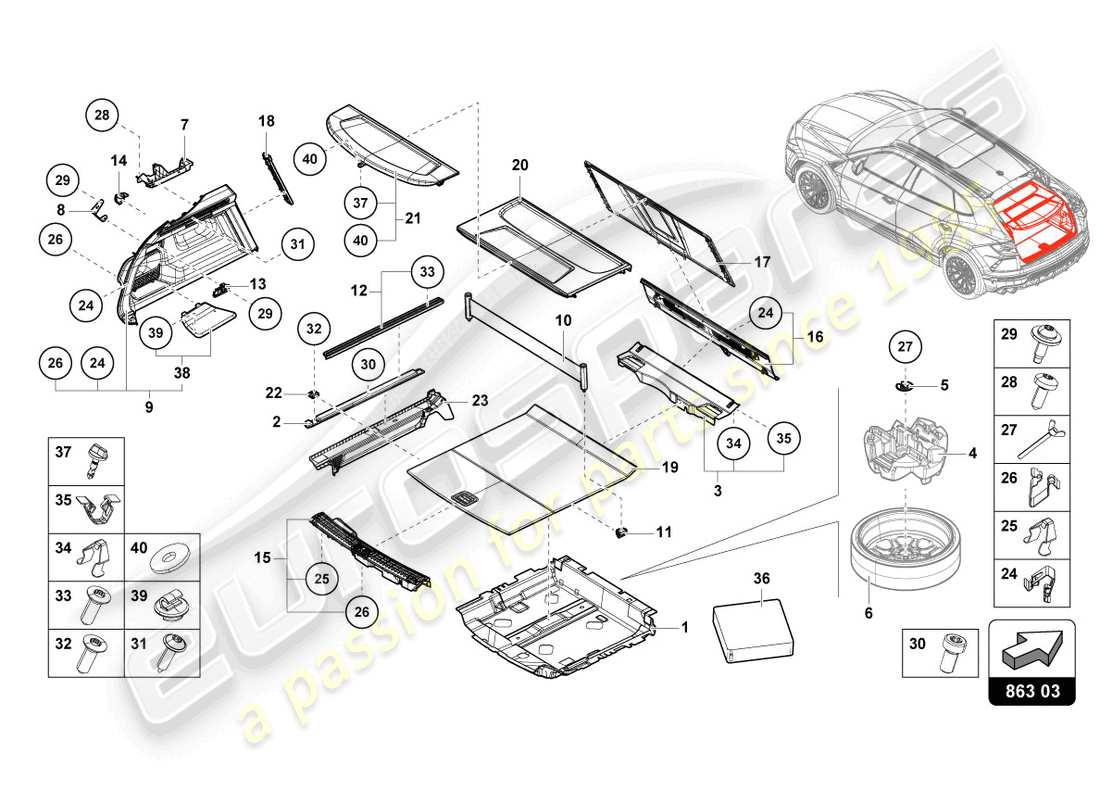 lamborghini urus (2019) forro del maletero diagrama de piezas