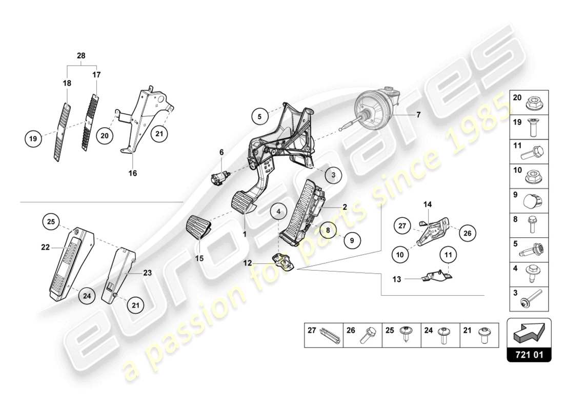 lamborghini evo coupe (2023) freno y aceleración. palanca mecanica. diagrama de piezas