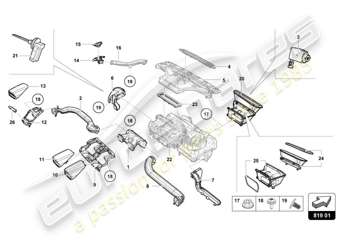lamborghini evo spyder (2023) salida de aire diagrama de piezas