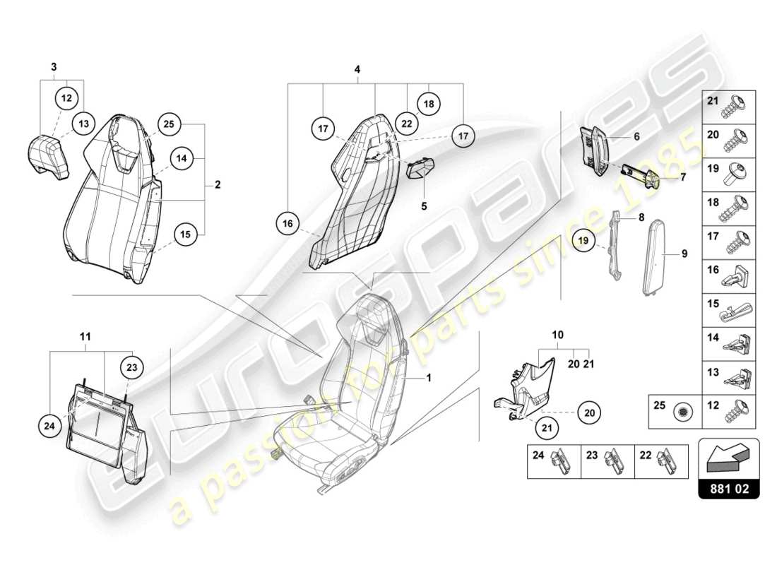 lamborghini evo coupe (2023) diagrama de piezas del respaldo